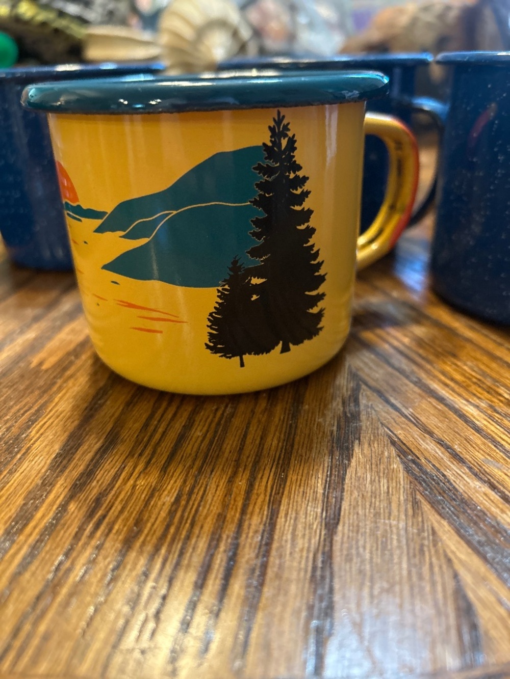 United By Blue Enamelware Steel Camping Coffee Mug 12oz Mountains Tree